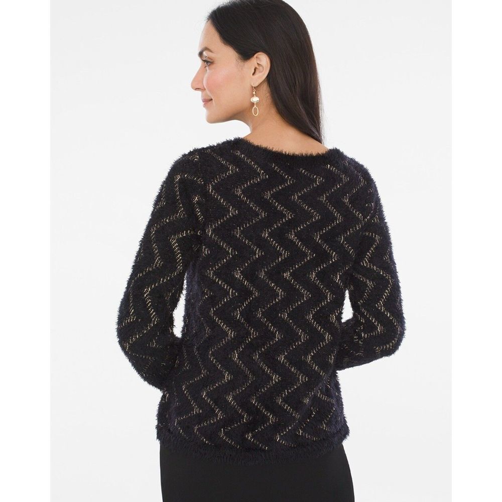 Chico's Zig-Zag Fuzzy Soft Jacquard Pullover Sweater NWT Size US LARGE - Picture 2 of 10